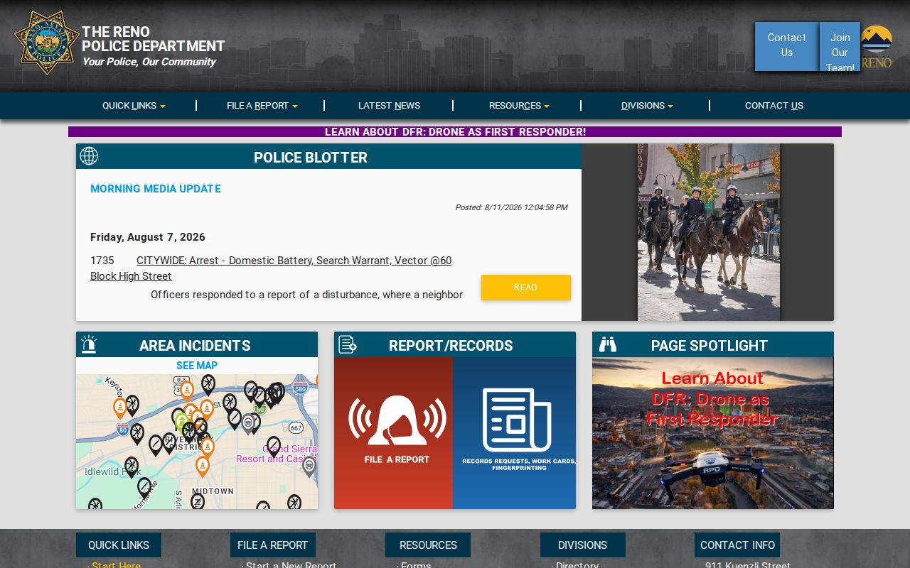 Reno Police Area Incidents page for Reno arrest and incident record context