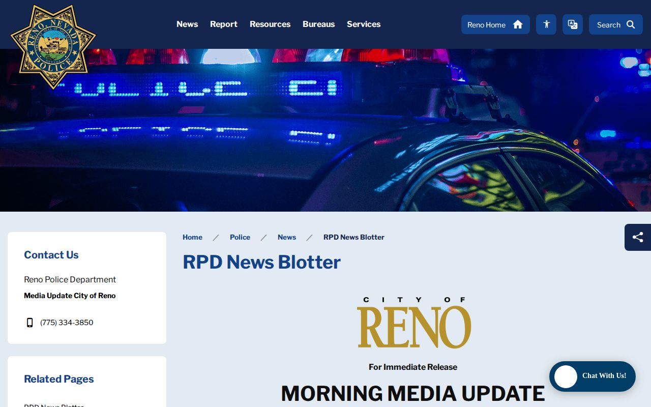 Reno Police News Blotter page for dated Reno police media updates