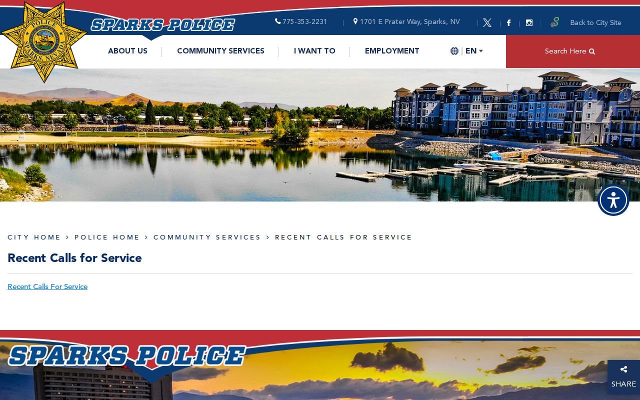 Sparks Recent Calls for Service page for dispatch incident context