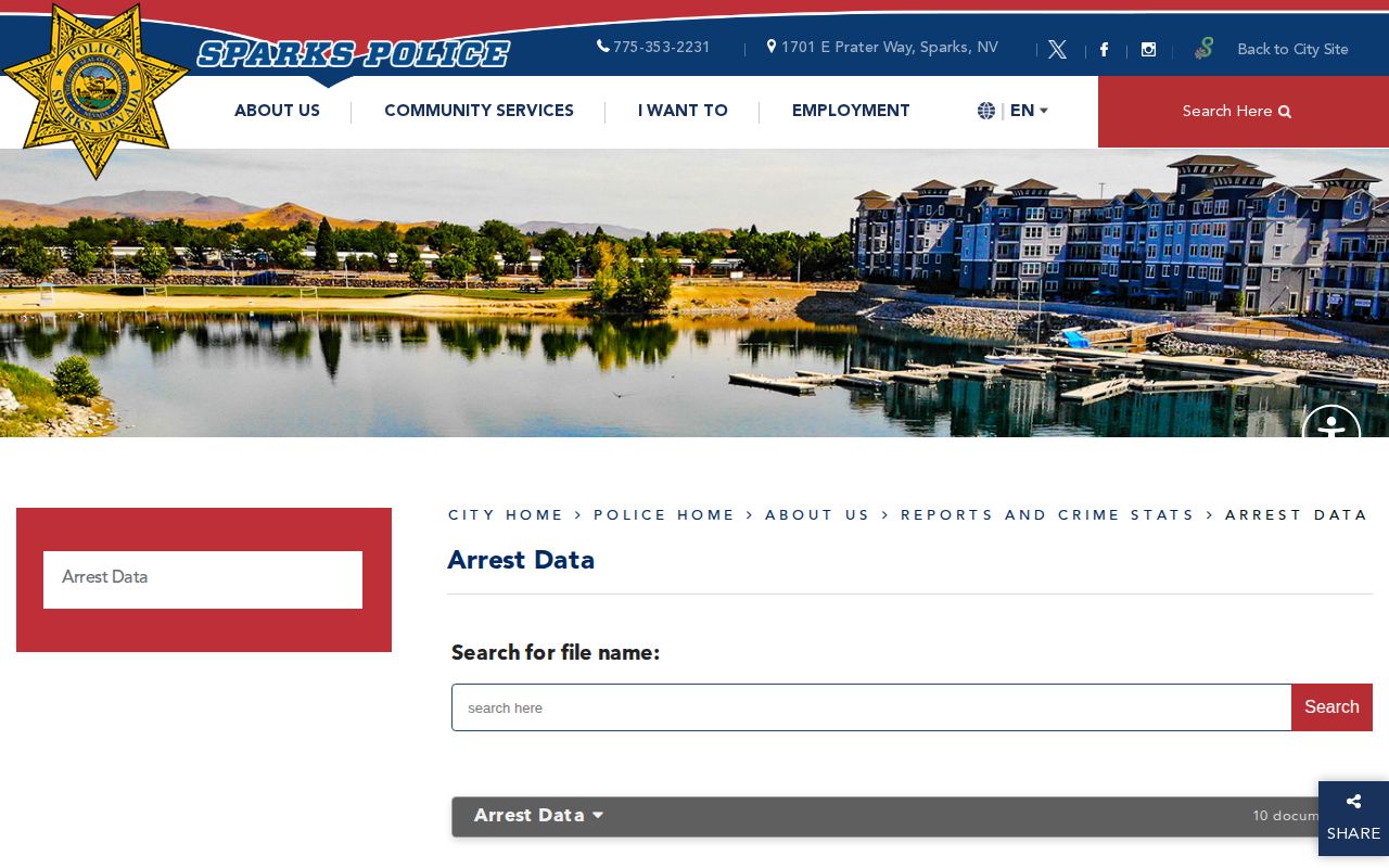 Sparks Police Arrest Data page for aggregate Sparks arrest statistics