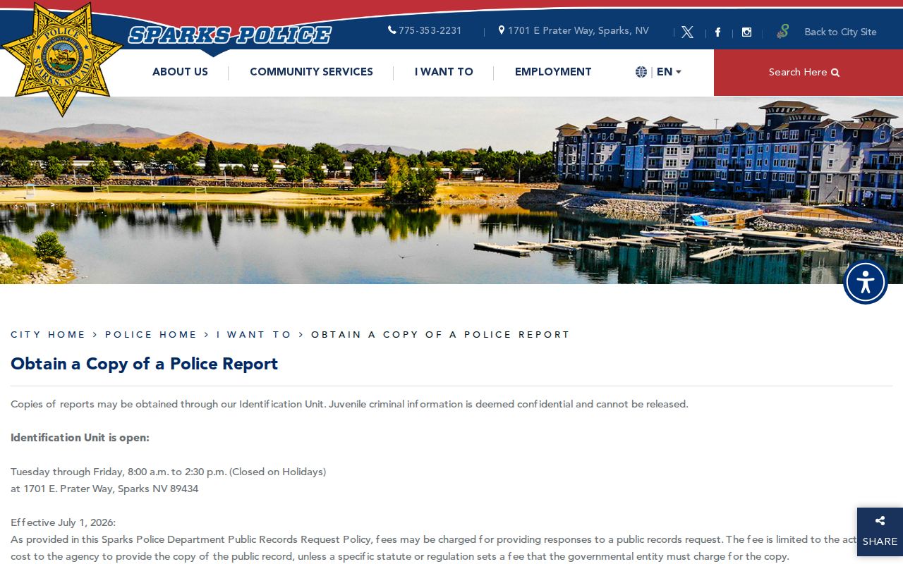 Sparks Police report-copy page for Sparks arrest report requests