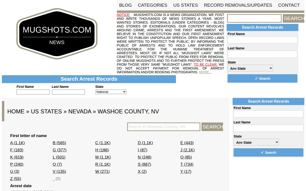 Washoe County historic arrest record archive context from an unofficial source