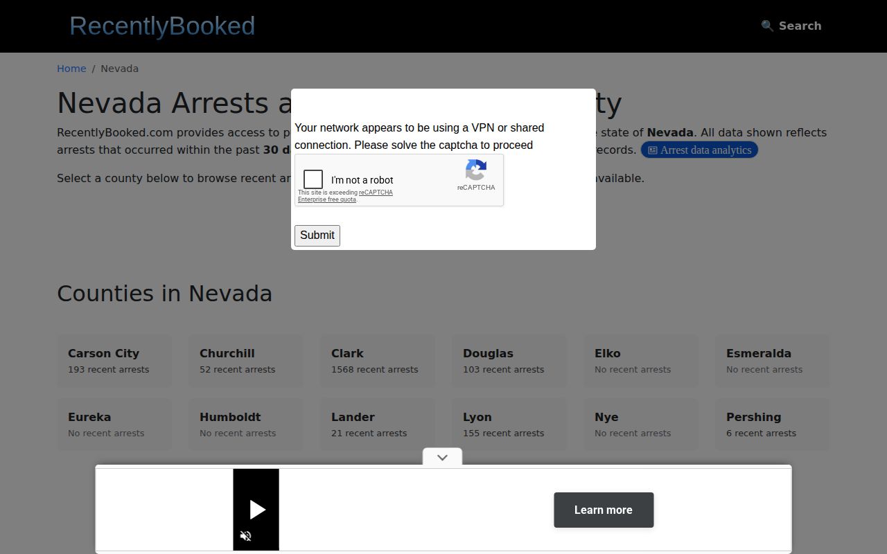 Washoe County booking record absence on RecentlyBooked Nevada index