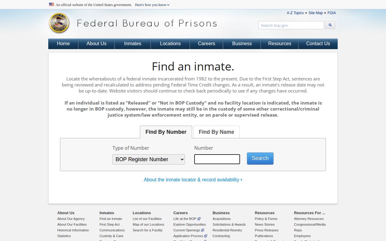 Federal Bureau of Prisons inmate locator separate from Washoe County booking records