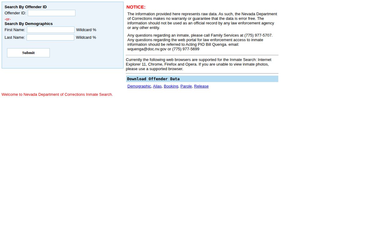Nevada Department of Corrections offender search form for Washoe County records context