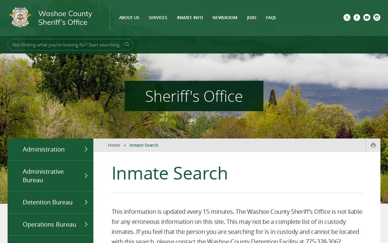 Washoe County Detention Facility official inmate search interface