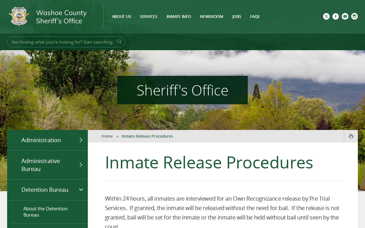 Washoe County Detention Facility official release procedures page